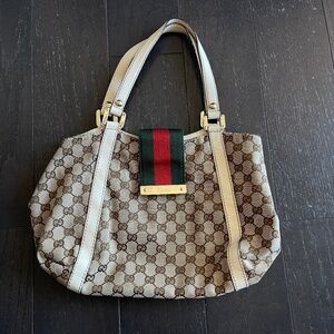 Gucci GG monogram Canvas leather Web beige/cream hobo Tote Bag classic